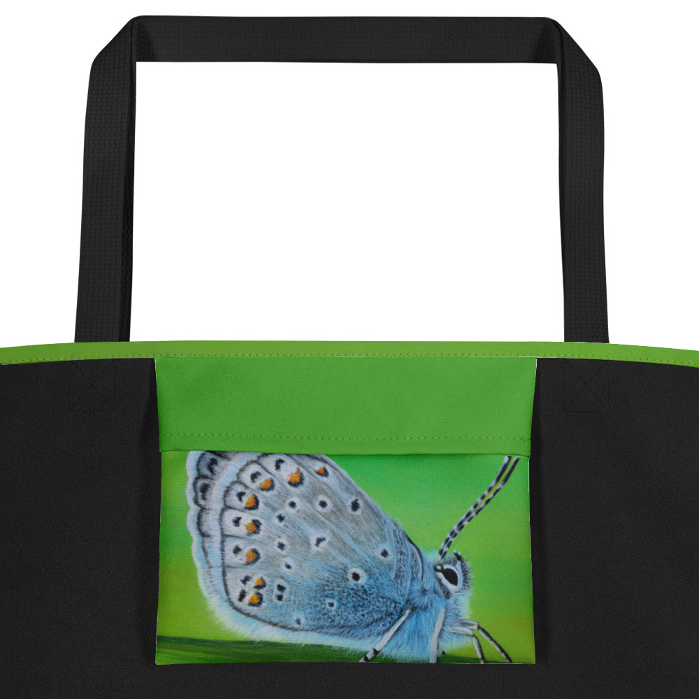 Large Tote Bag With Pocket - Gossamer Blue, Karner Blue Butterfly Artwork