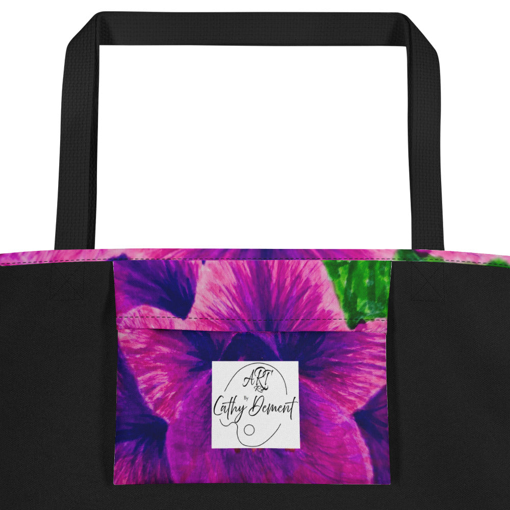Large Tote Bag with Pocket - Royal Reverie, Purple Gladiola Flower Artwork