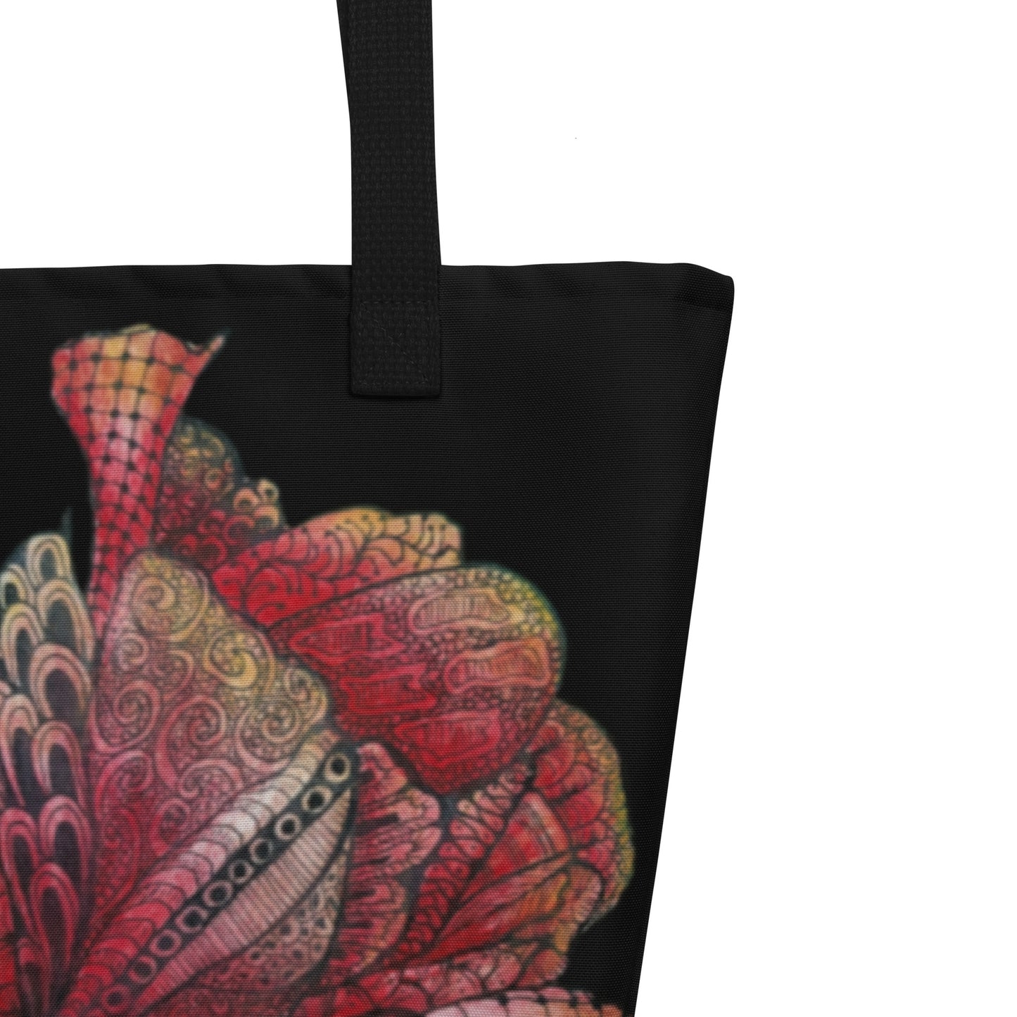 Large Tote Bag with Pocket: Zen Floral Harmony Zentangle Artwork Design - 16x20" Vibrant & Durable by Cathy Dement