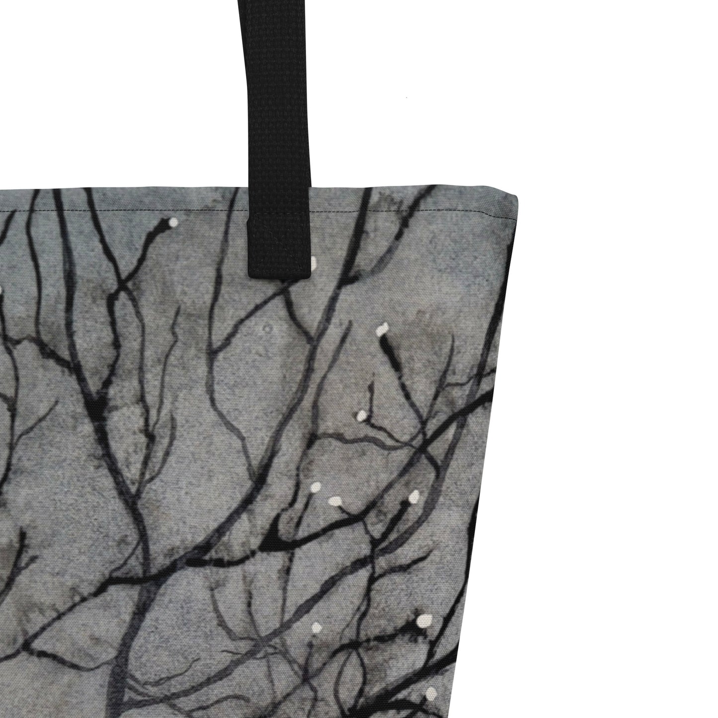 Large Tote Bag with Pocket: Tranquil Dawn Misty Morning - Serene Tree Branches with Dew Drops Design by Cathy Dement, 16x20 Inches