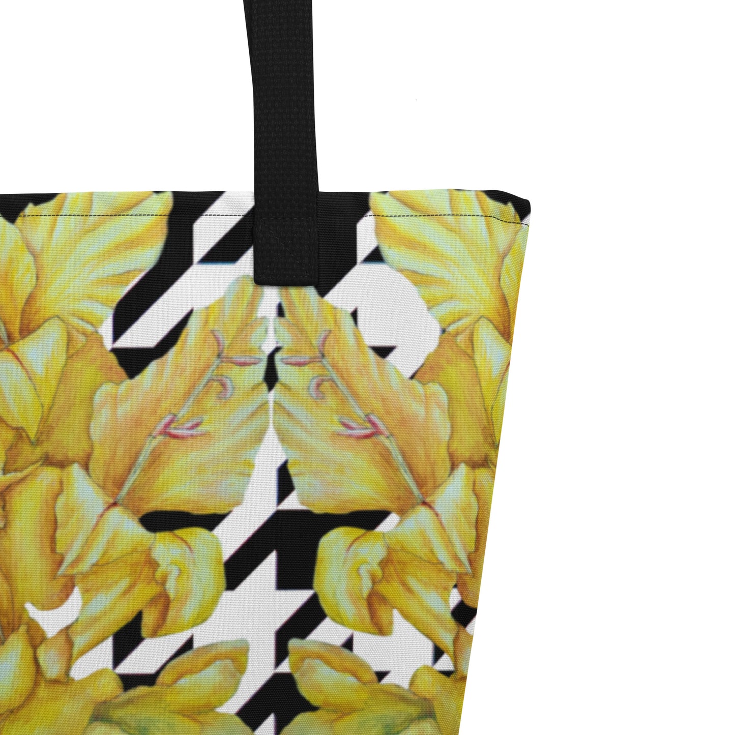 Large Tote Bag with Pocket: Hounds Tooth Pattern With Yellow Gladiola Artwork Design by Cathy Dement, 16x20 Inches