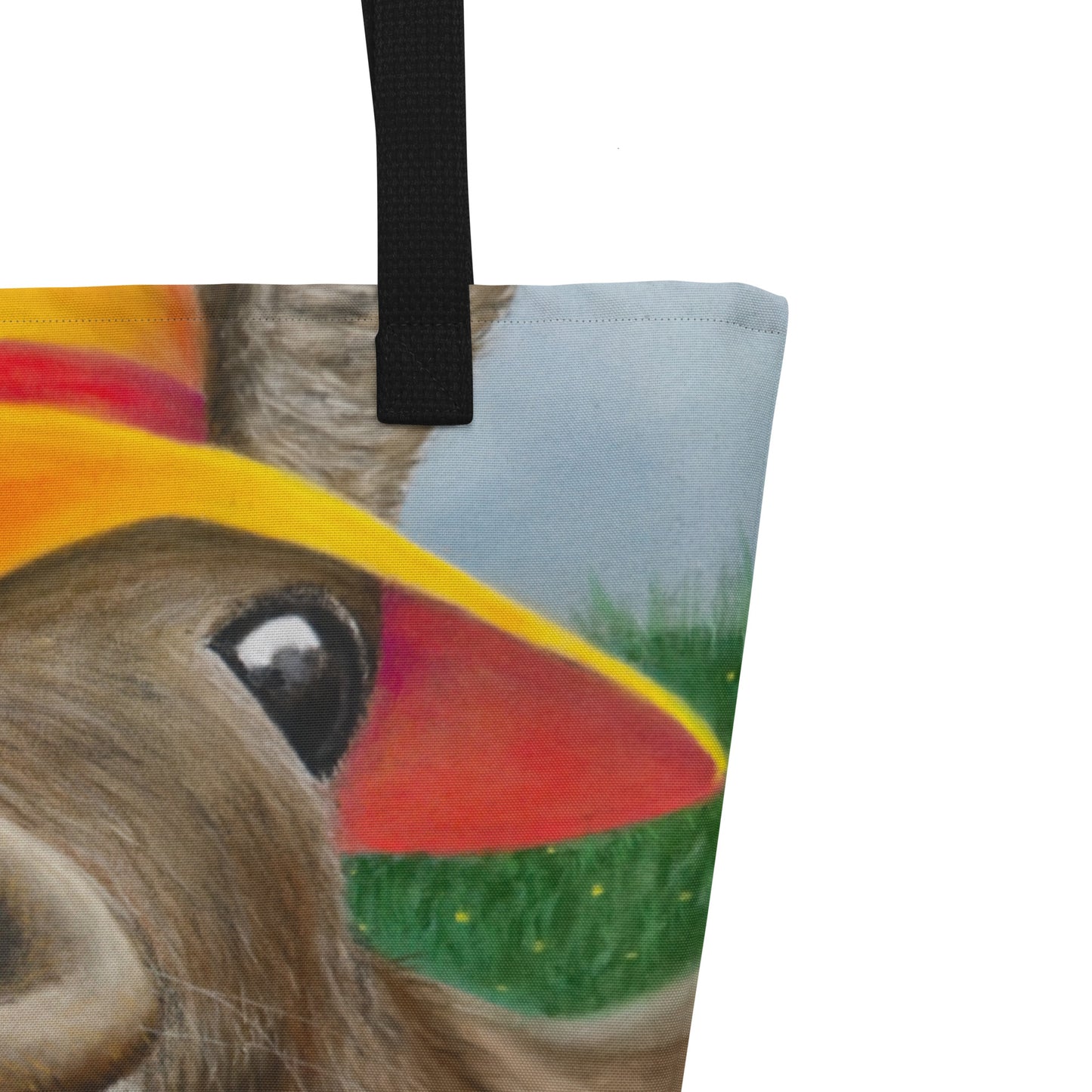 Large Tote Bag with Pocket: The Tulip Thief Whimsical Donkey in Floppy Hat Artwork Design by Cathy Dement, 16x20 Inches