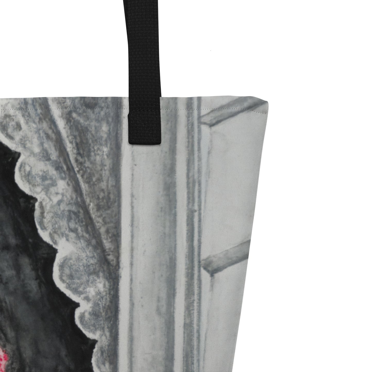 Large Tote Bag with Pocket: Stavanger Bloom Monochrome Window Portrait with Pink Flower Artwork Design by Cathy Dement, 16x20 Inches
