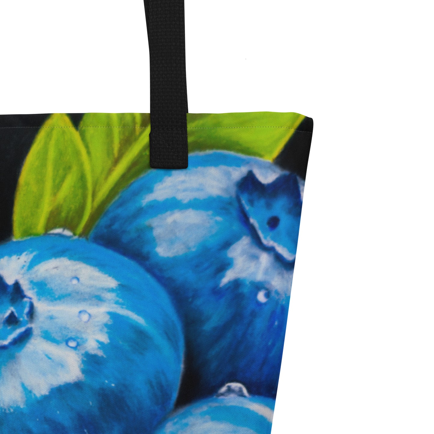 Large Tote Bag with Pocket - Blueberry Bliss - Berry Artwork with Dew Drops