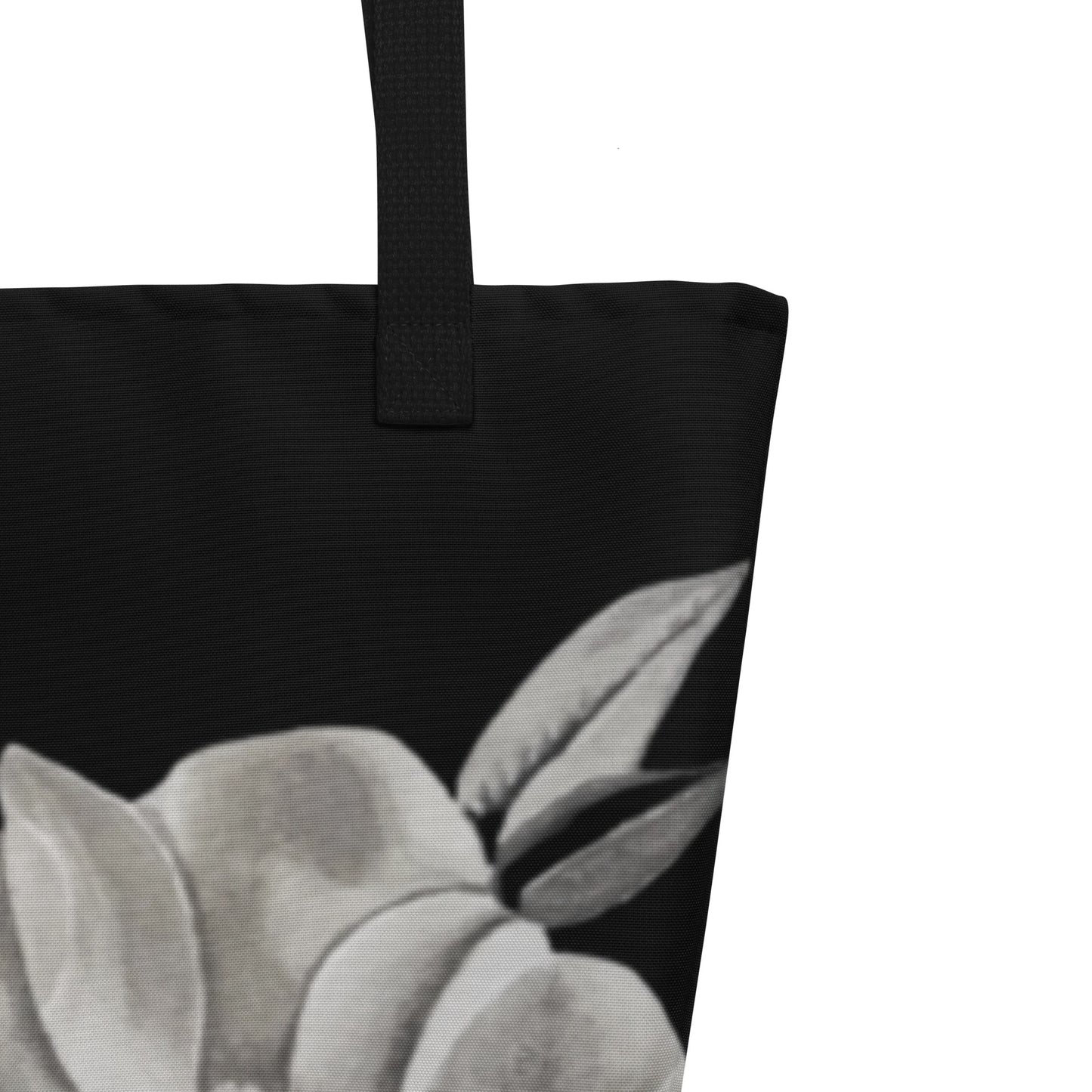 Large Tote Bag With Pocket - Midnight Magnolias - Monochrome Floral Artwork Design