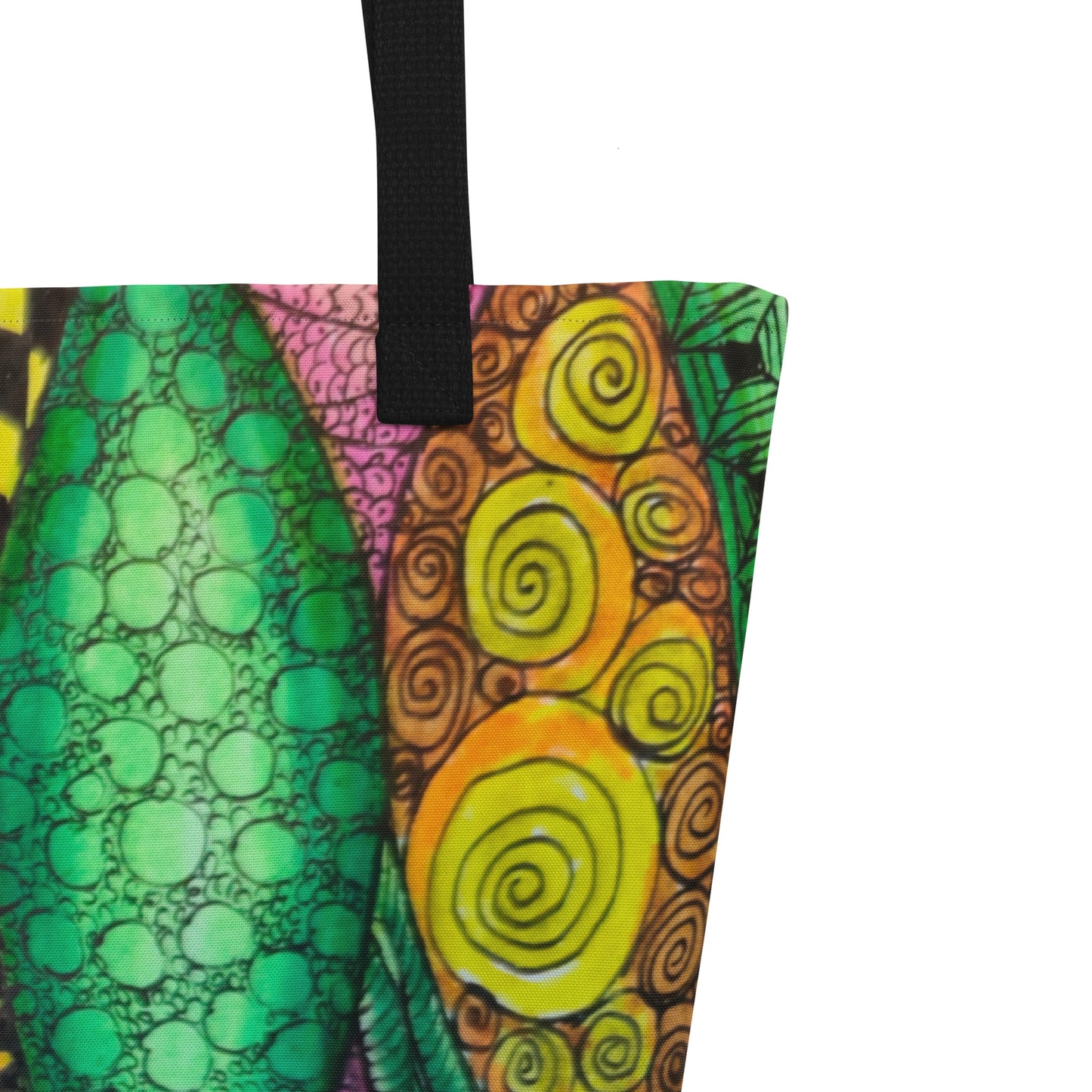 Large Tote Bag With Pocket - Zen Bloom, Colorful Zentangle, Floral Artwork Design