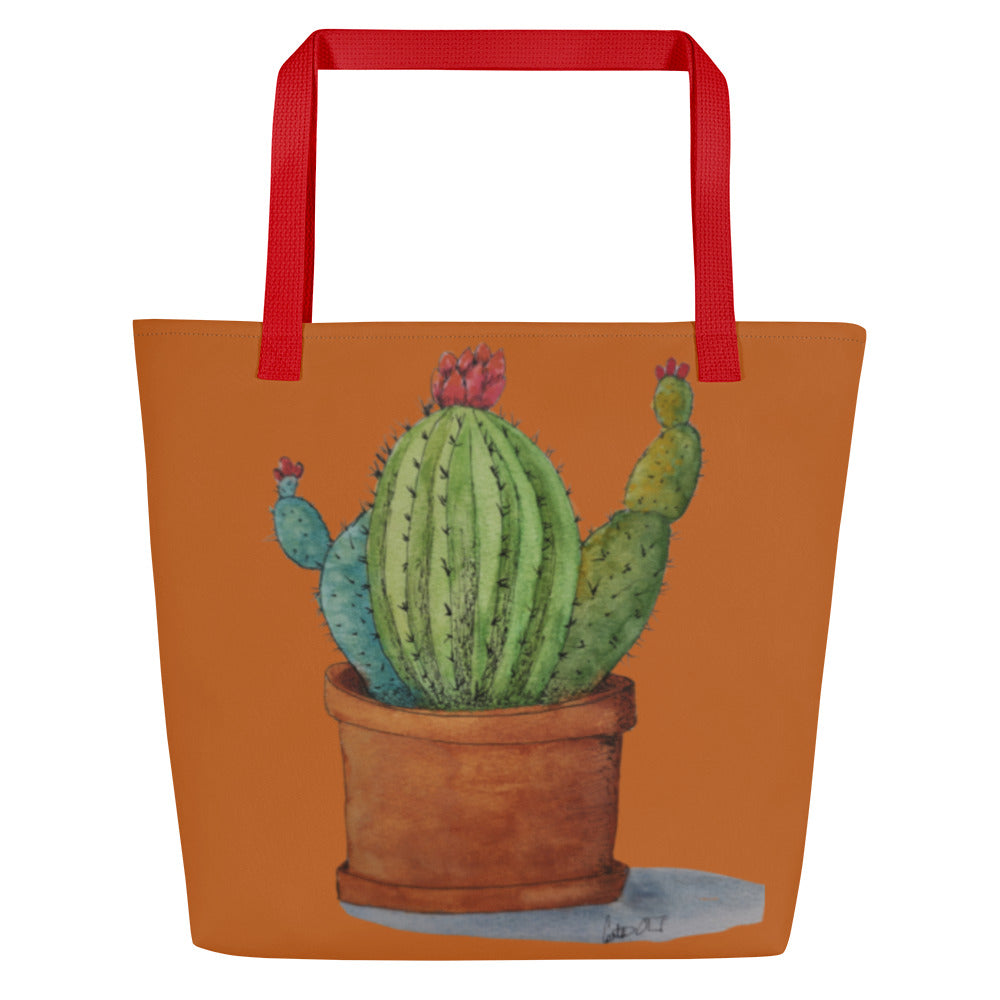 Large Tote Bag with Pocket: Adobe Oasis Succulent Plant Artwork Design by Cathy Dement, 16x20 Inches