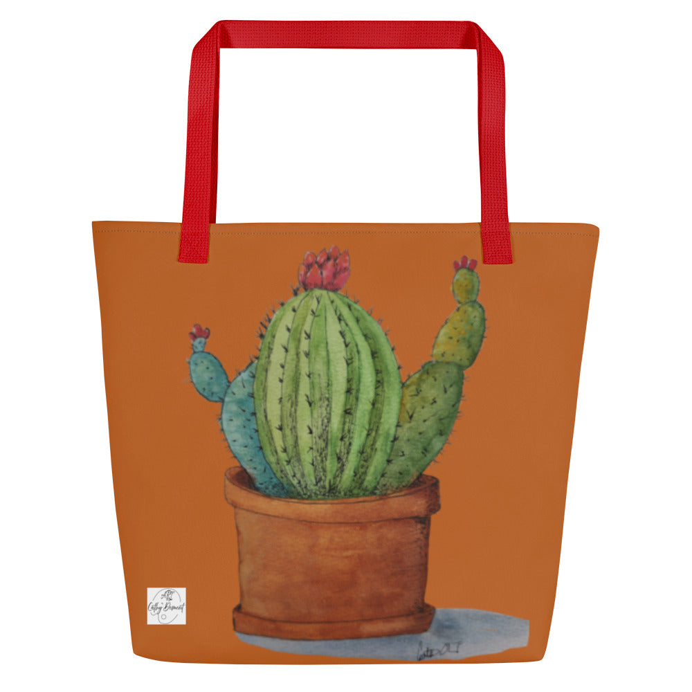 Large Tote Bag with Pocket: Adobe Oasis Succulent Plant Artwork Design by Cathy Dement, 16x20 Inches
