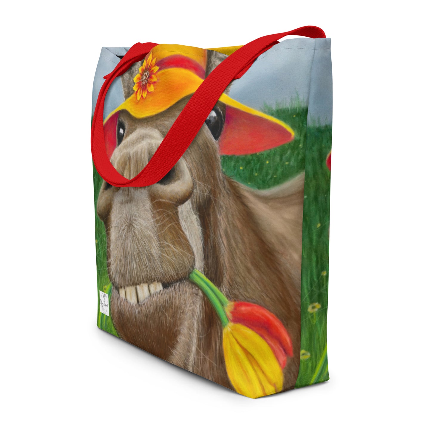 Large Tote Bag with Pocket: The Tulip Thief Whimsical Donkey in Floppy Hat Artwork Design by Cathy Dement, 16x20 Inches