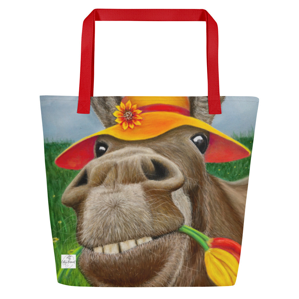Large Tote Bag with Pocket: The Tulip Thief Whimsical Donkey in Floppy Hat Artwork Design by Cathy Dement, 16x20 Inches