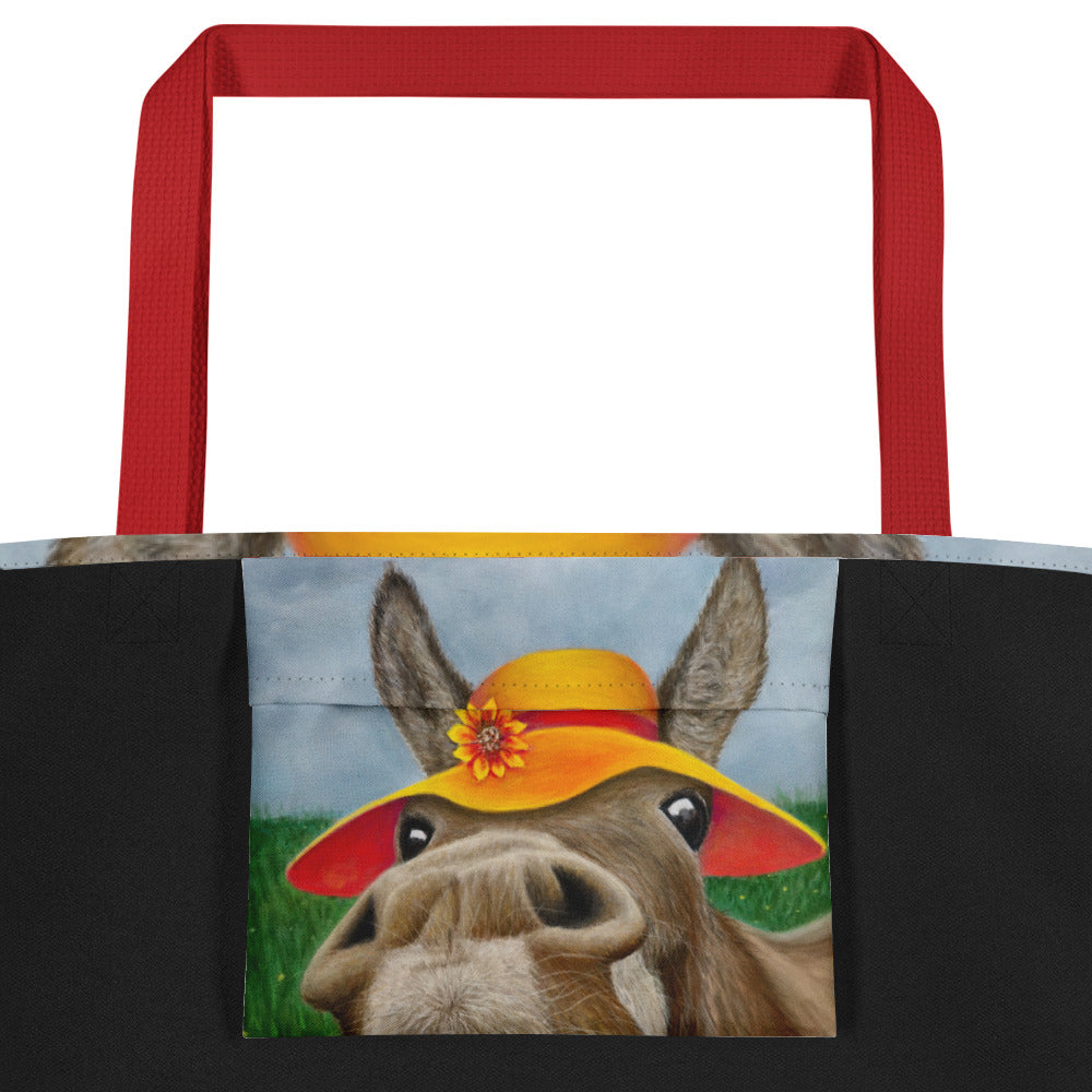 Large Tote Bag with Pocket: The Tulip Thief Whimsical Donkey in Floppy Hat Artwork Design by Cathy Dement, 16x20 Inches