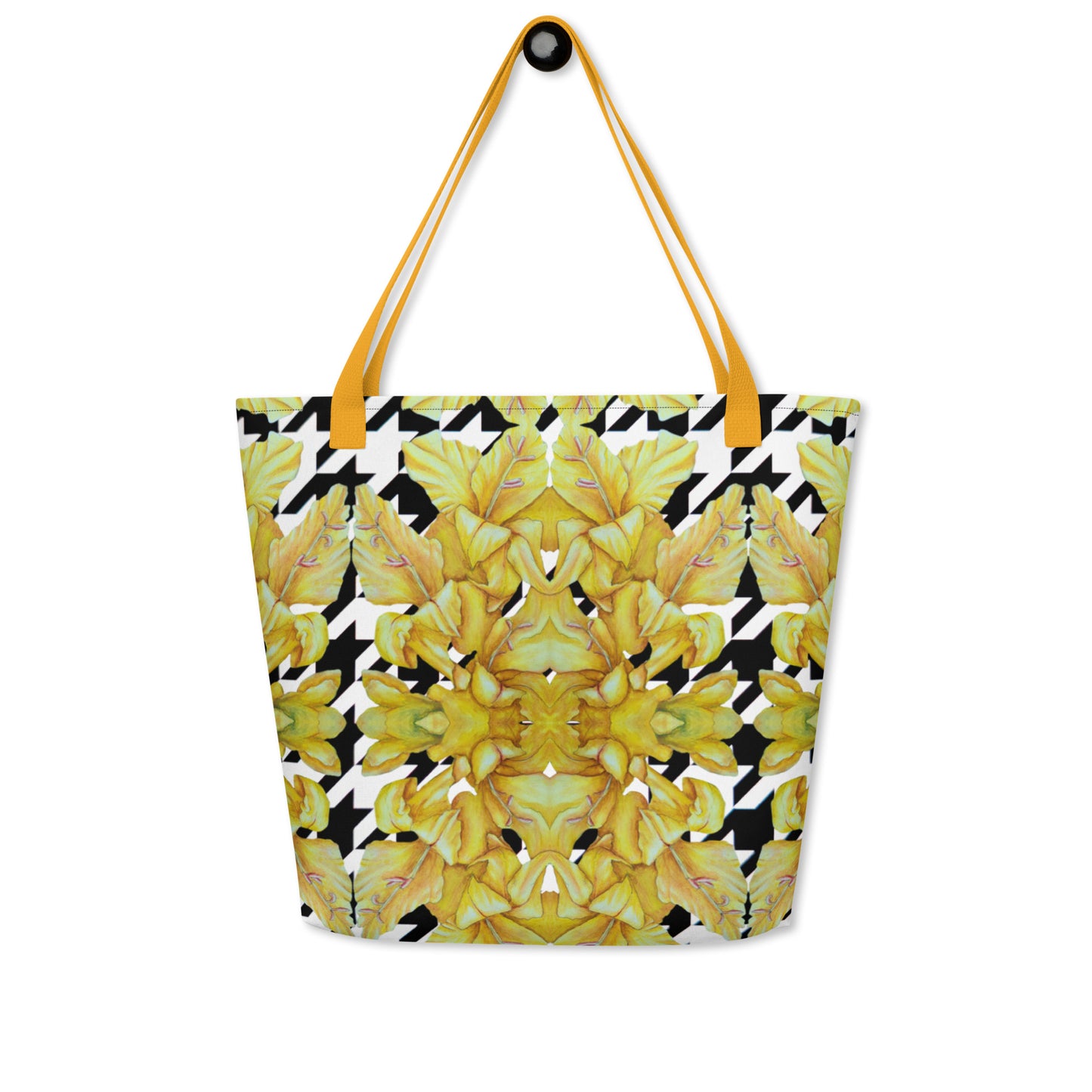 Large Tote Bag with Pocket: Hounds Tooth Pattern With Yellow Gladiola Artwork Design by Cathy Dement, 16x20 Inches