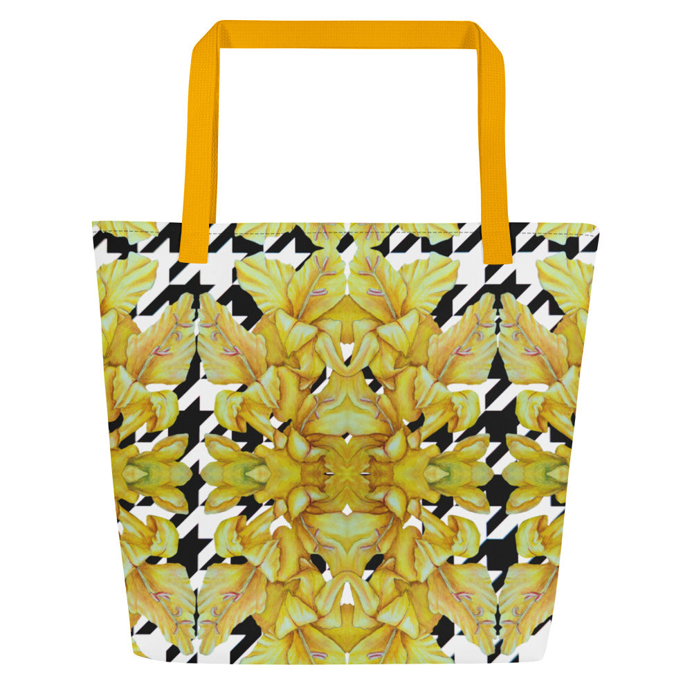 Large Tote Bag with Pocket: Hounds Tooth Pattern With Yellow Gladiola Artwork Design by Cathy Dement, 16x20 Inches