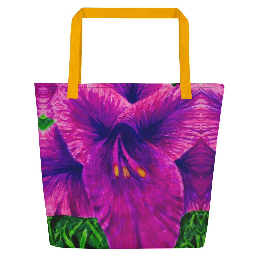 Large Tote Bag with Pocket - Royal Reverie, Purple Gladiola Flower Artwork