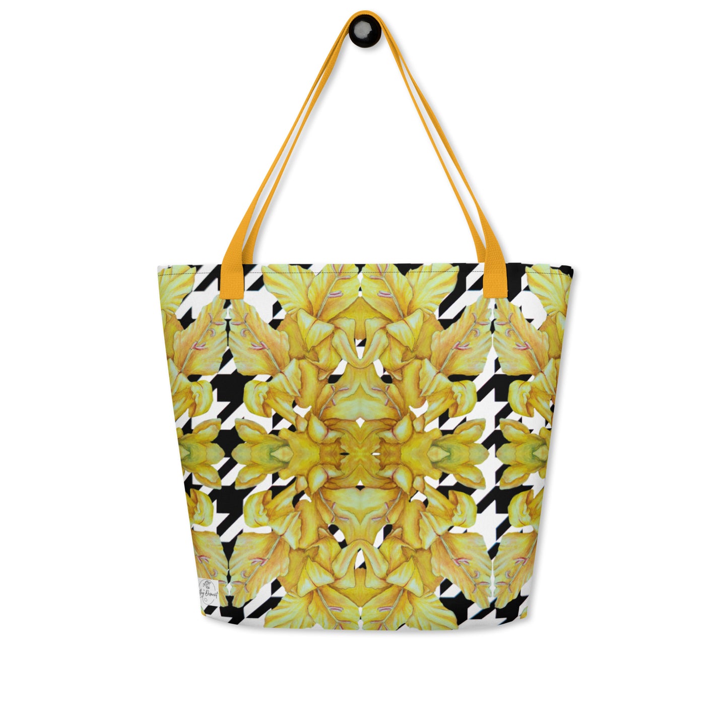 Large Tote Bag with Pocket: Hounds Tooth Pattern With Yellow Gladiola Artwork Design by Cathy Dement, 16x20 Inches