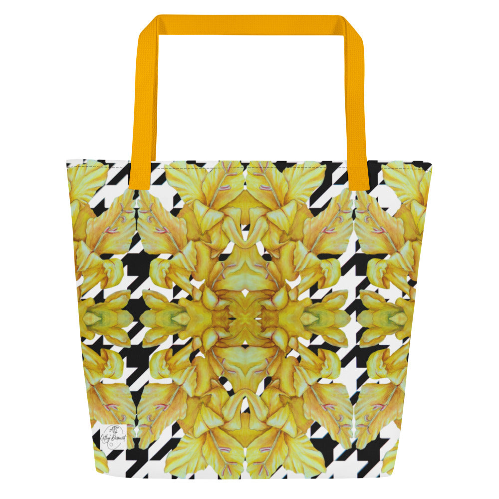Large Tote Bag with Pocket: Hounds Tooth Pattern With Yellow Gladiola Artwork Design by Cathy Dement, 16x20 Inches
