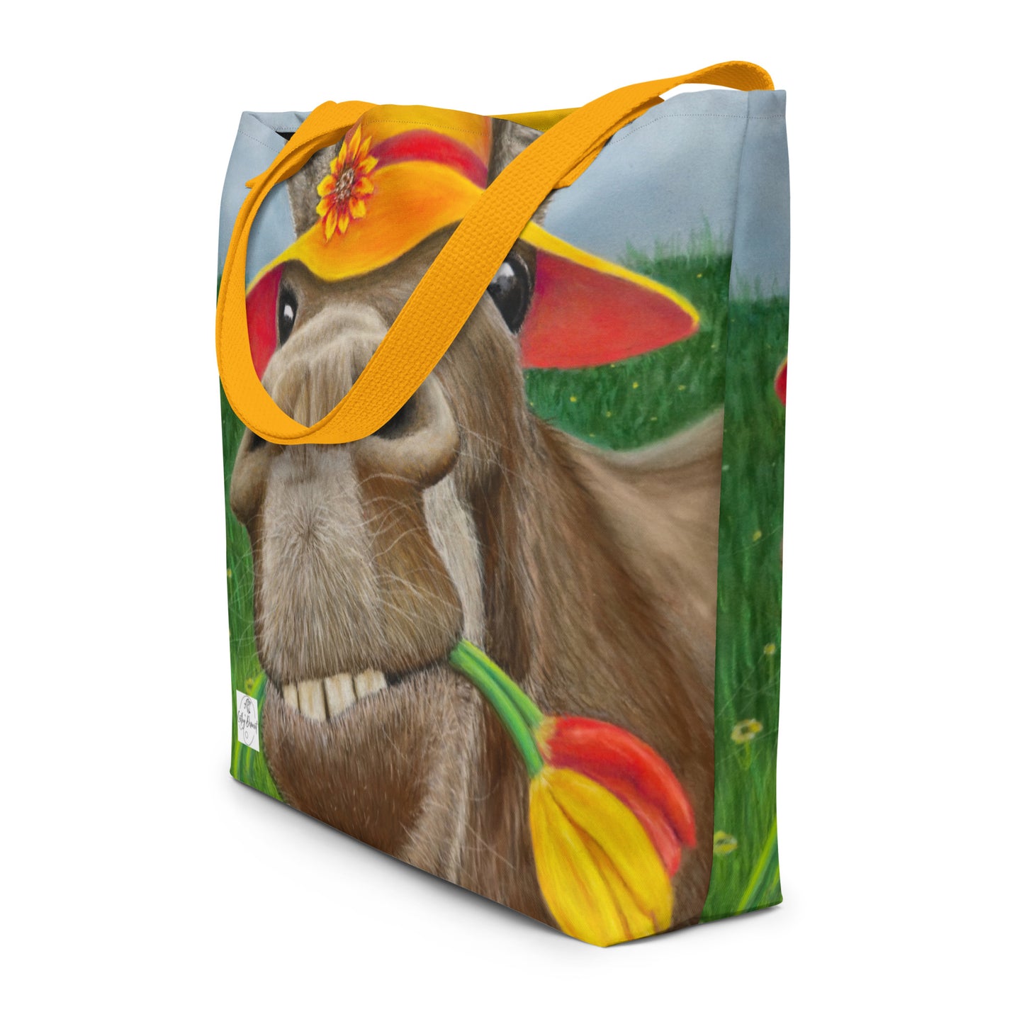 Large Tote Bag with Pocket: The Tulip Thief Whimsical Donkey in Floppy Hat Artwork Design by Cathy Dement, 16x20 Inches