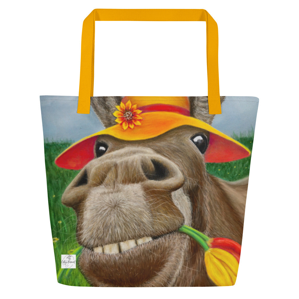 Large Tote Bag with Pocket: The Tulip Thief Whimsical Donkey in Floppy Hat Artwork Design by Cathy Dement, 16x20 Inches