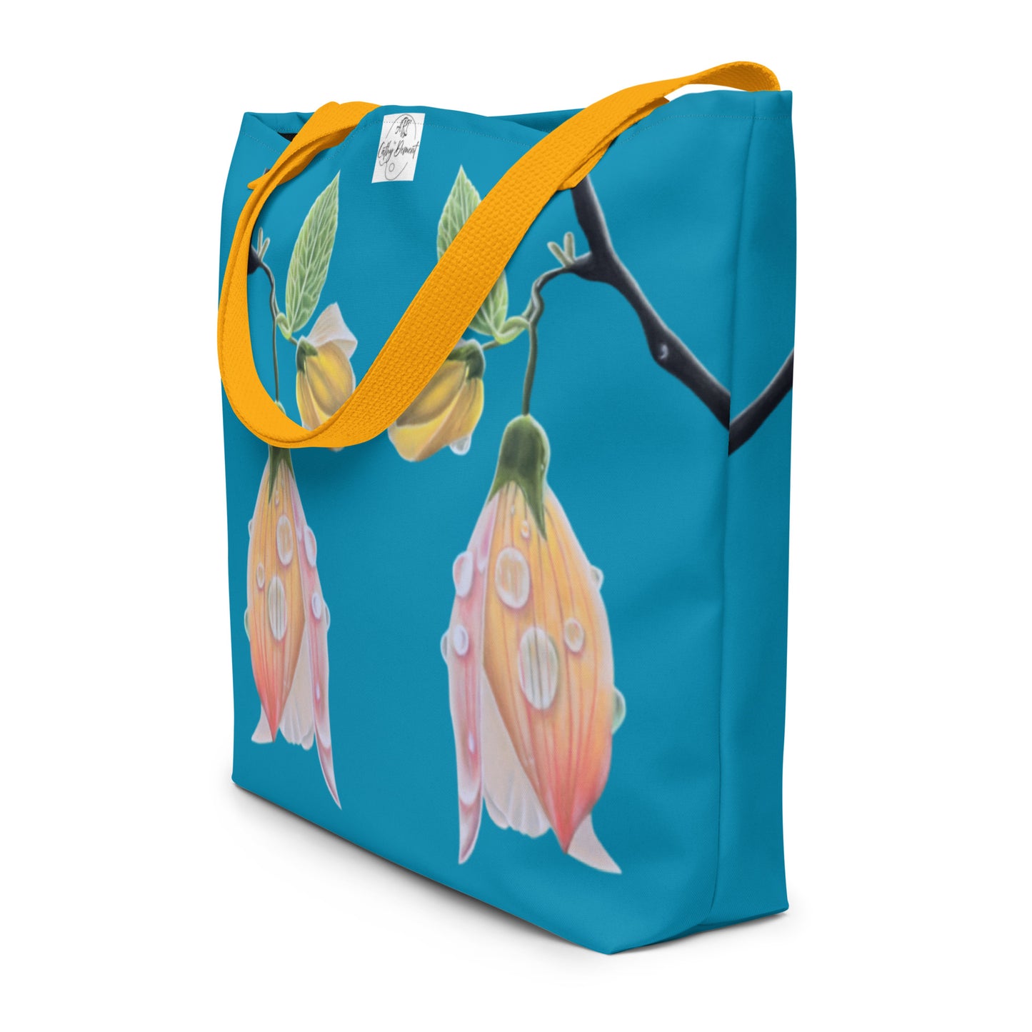 Large Tote Bag with Pocket - Tickled Pink, Colorful Abutilon Flower Artwork