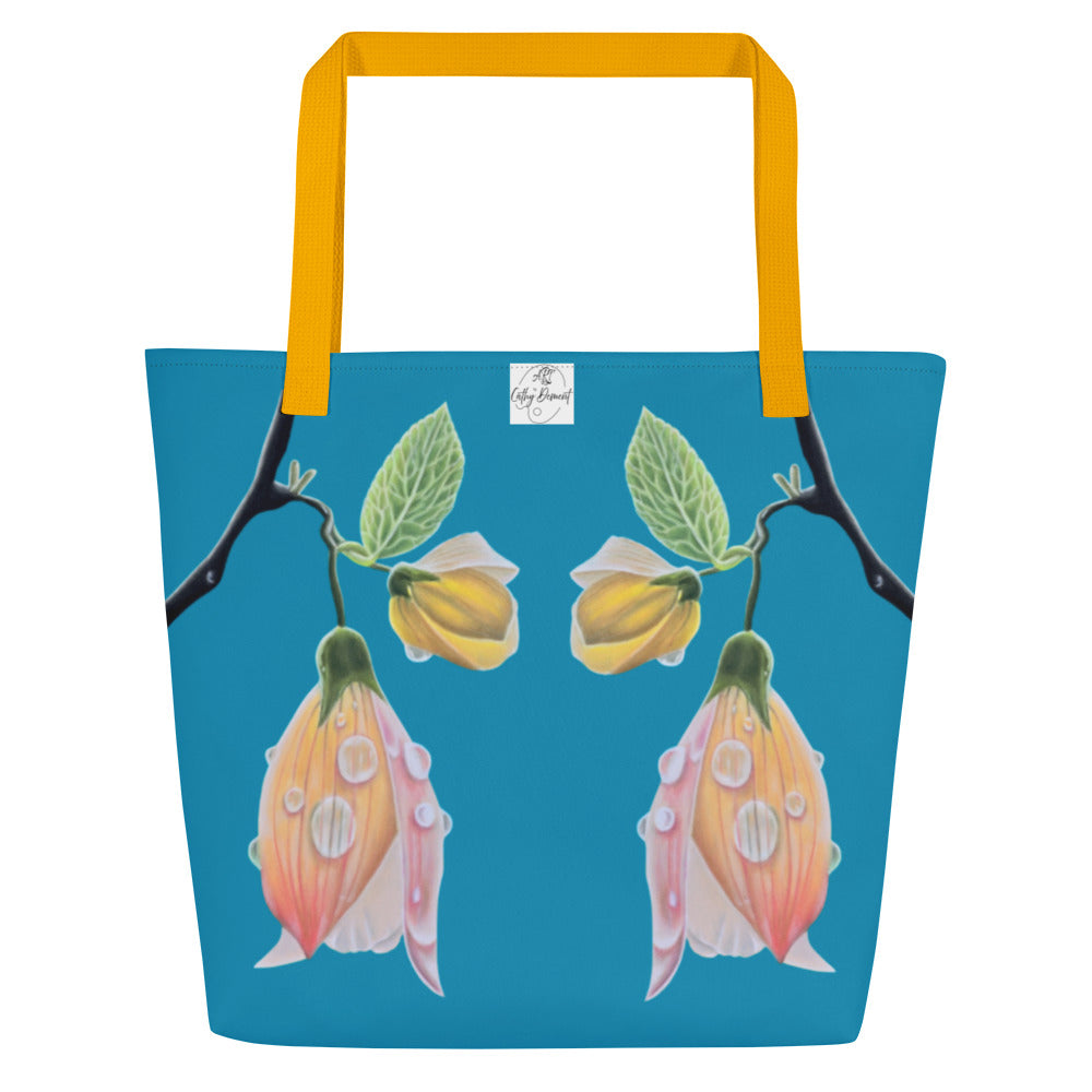 Large Tote Bag with Pocket - Tickled Pink, Colorful Abutilon Flower Artwork