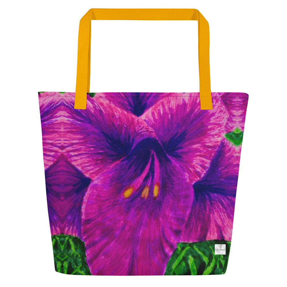 Large Tote Bag with Pocket - Royal Reverie, Purple Gladiola Flower Artwork
