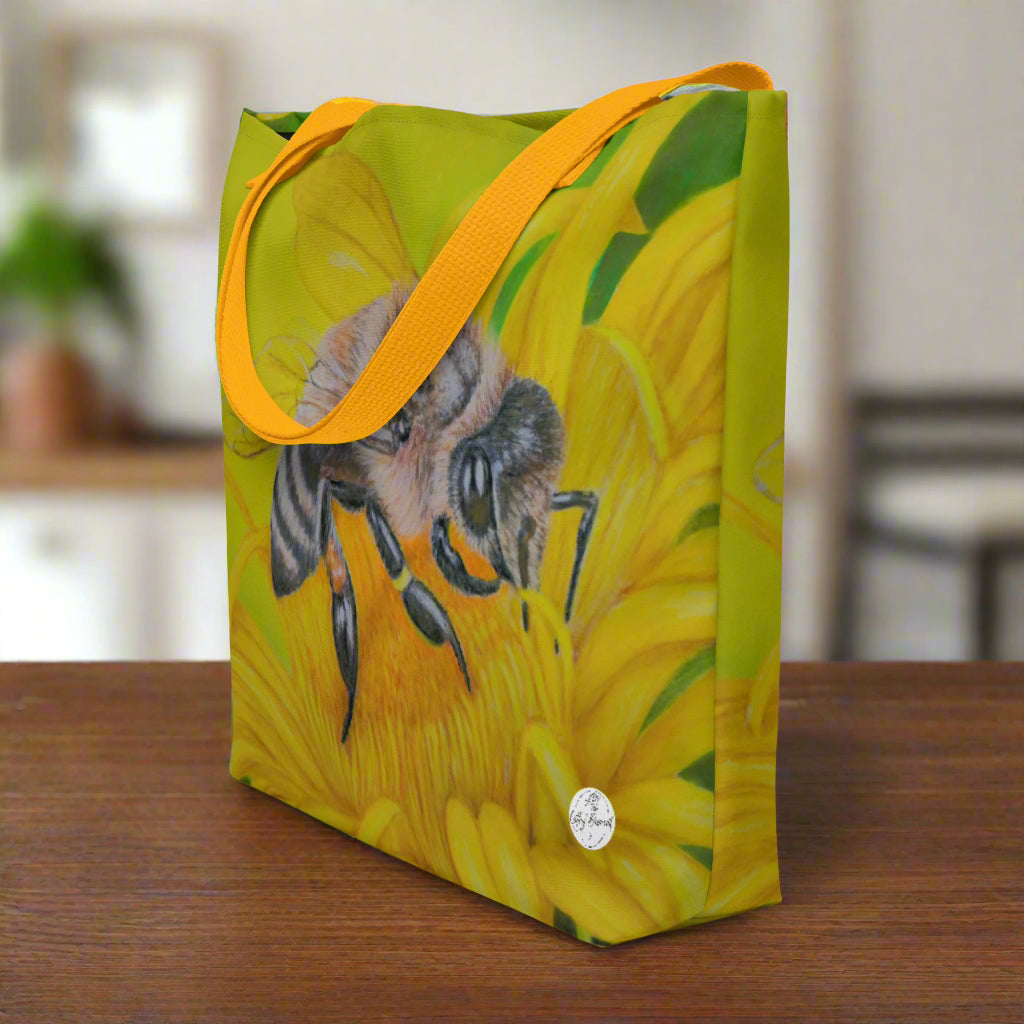 All-Over Print Large Tote Bag - What's For Dinner, Honey? - Yellow Flower with Bee Artwork by Cathy Dement