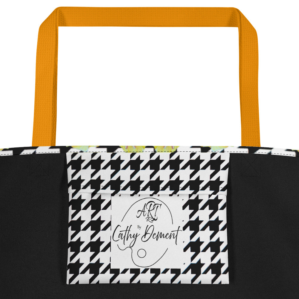 Large Tote Bag with Pocket: Hounds Tooth Pattern With Yellow Gladiola Artwork Design by Cathy Dement, 16x20 Inches
