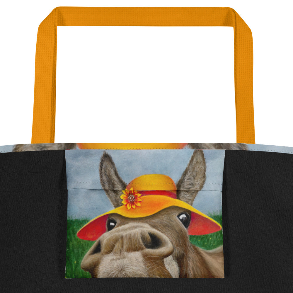 Large Tote Bag with Pocket: The Tulip Thief Whimsical Donkey in Floppy Hat Artwork Design by Cathy Dement, 16x20 Inches