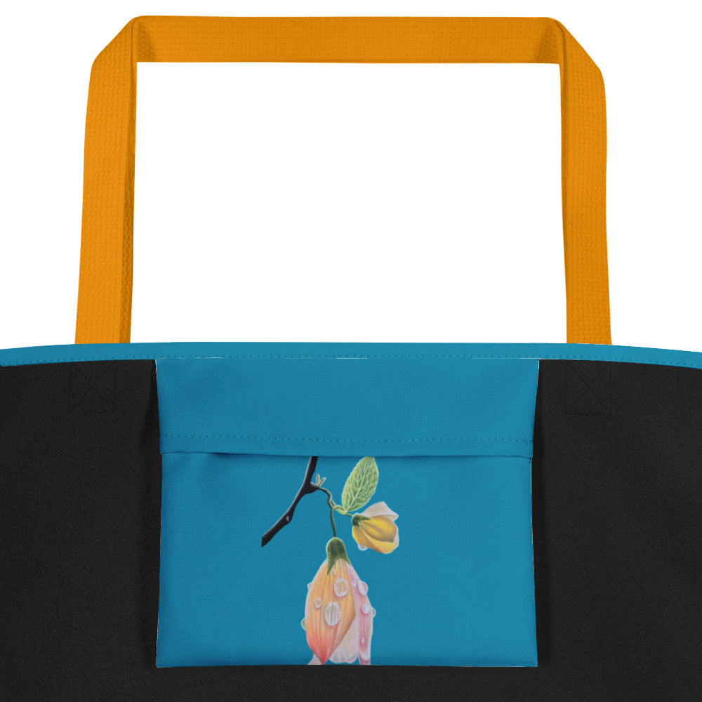 Large Tote Bag with Pocket - Tickled Pink, Colorful Abutilon Flower Artwork