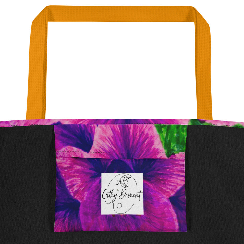 Large Tote Bag with Pocket - Royal Reverie, Purple Gladiola Flower Artwork