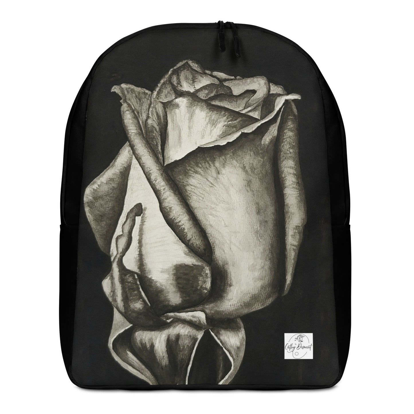 Backpack - Dusk's Embrace: Monochrome Rose Artwork, Black and White Wearable Art Bag