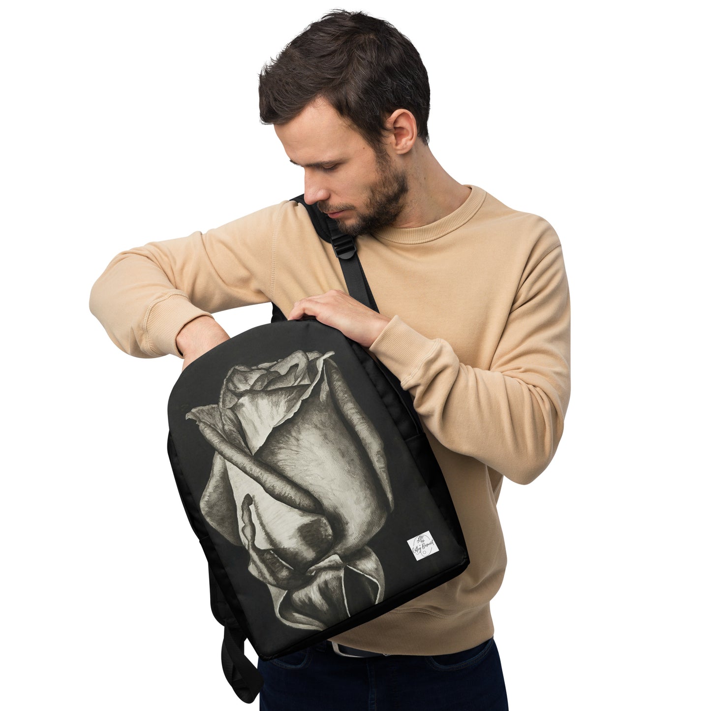 Backpack - Dusk's Embrace: Monochrome Rose Artwork, Black and White Wearable Art Bag