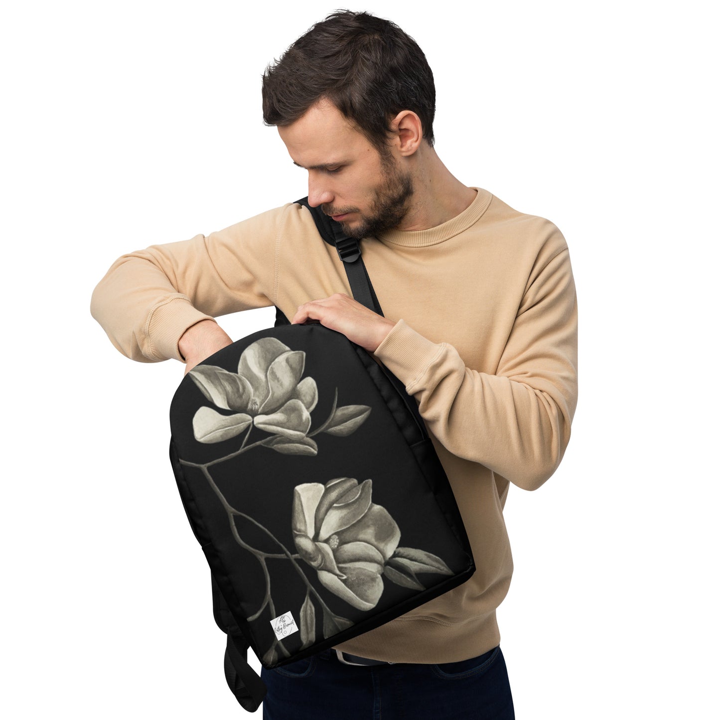 Backpack - Midnight Magnolias - Monochrome Floral Artwork Design, Wearable Art Bag