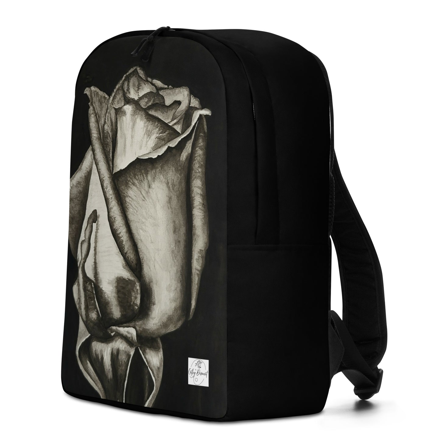 Backpack - Dusk's Embrace: Monochrome Rose Artwork, Black and White Wearable Art Bag
