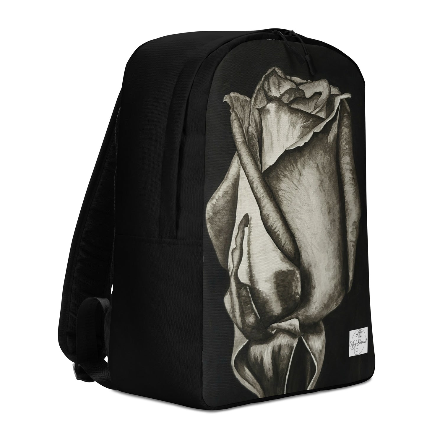 Backpack - Dusk's Embrace: Monochrome Rose Artwork, Black and White Wearable Art Bag