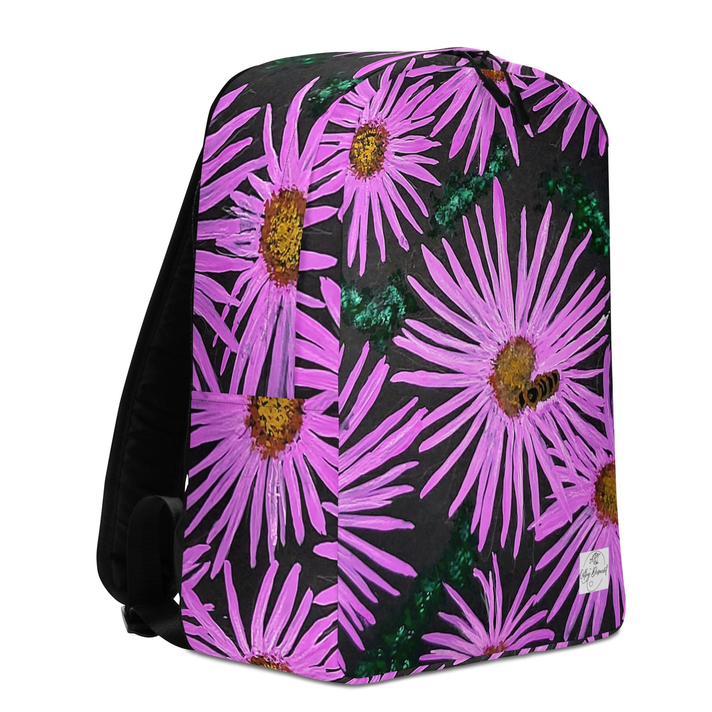 Backpack  - Purple Aster Flowers with Bee Artwork, Floral Art Design Bag