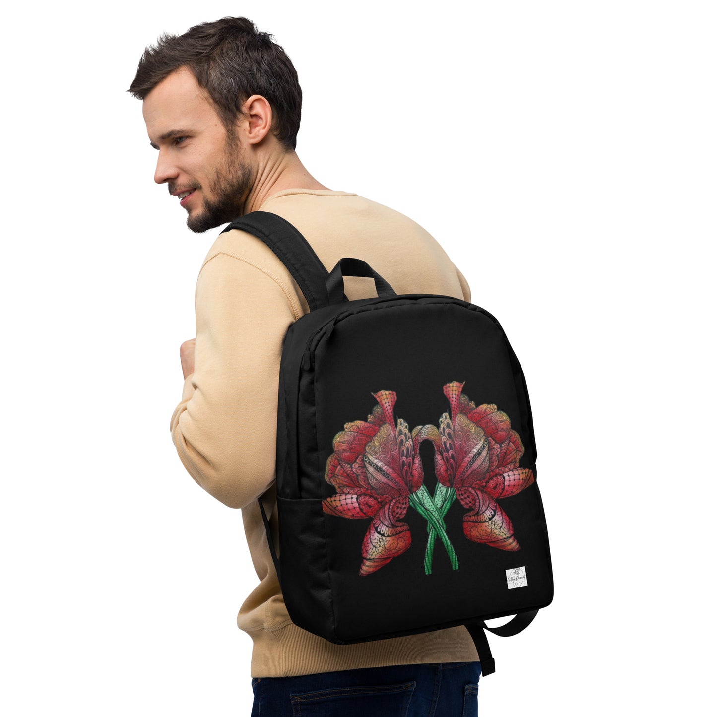 Backpack - Zen Floral Harmony - Zentangle Artwork Design by Cathy Dement, Water Resistant, Laptop Sleeve