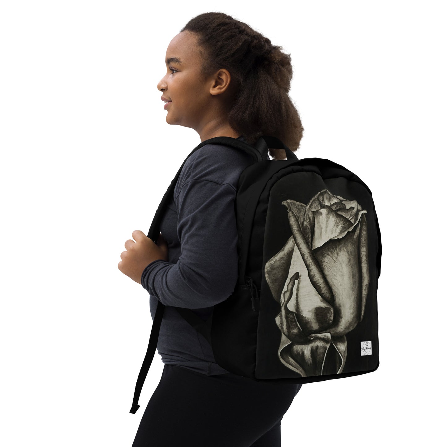 Backpack - Dusk's Embrace: Monochrome Rose Artwork, Black and White Wearable Art Bag
