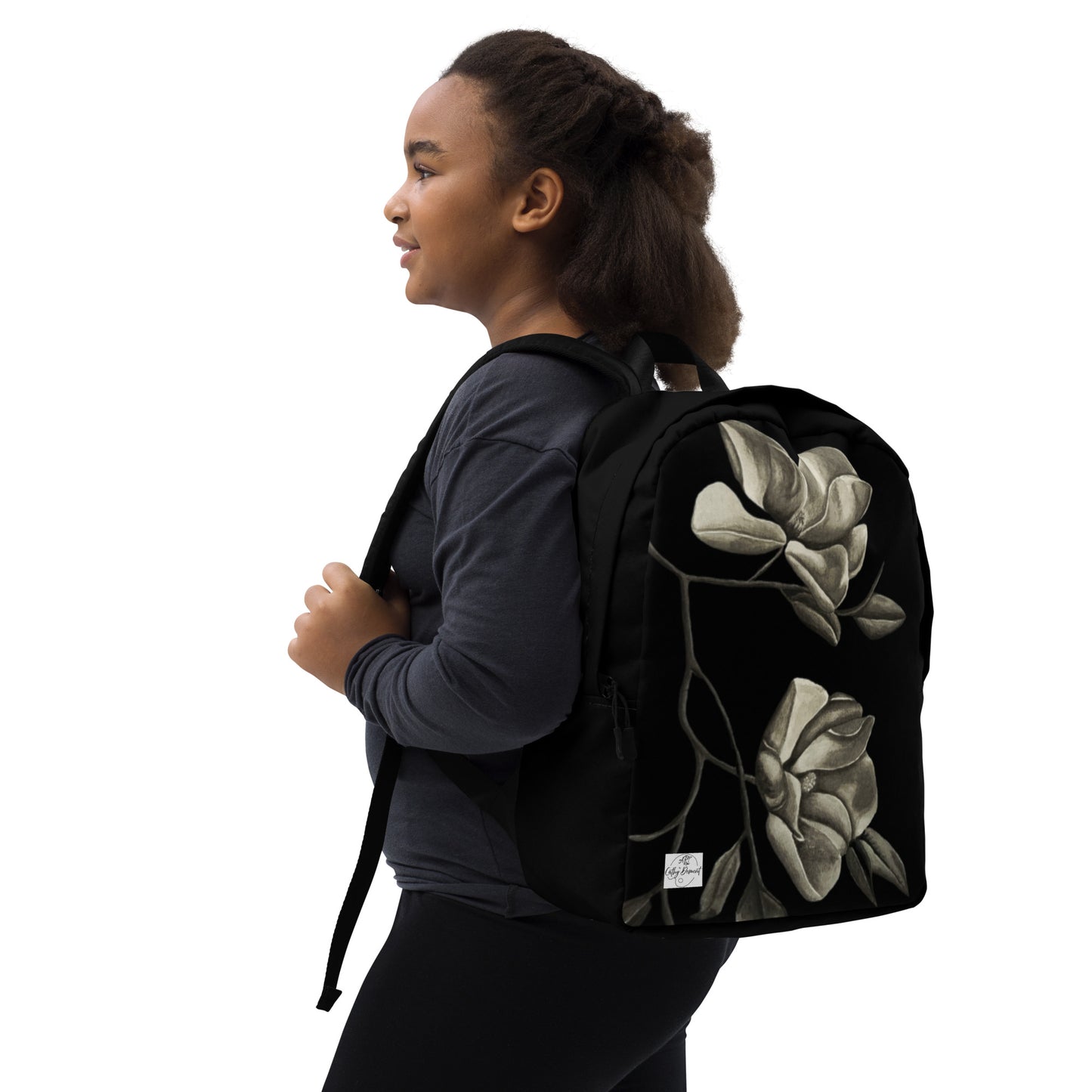Backpack - Midnight Magnolias - Monochrome Floral Artwork Design, Wearable Art Bag