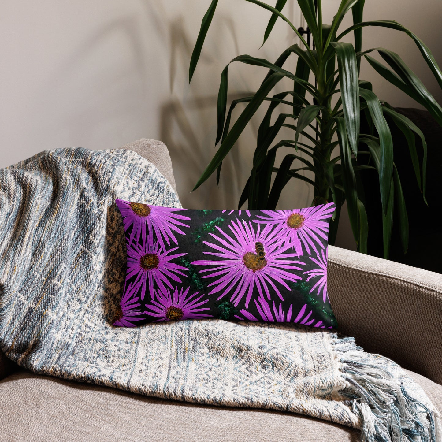 Purple Flower and Bee Pillow: Floral Print on Black Background