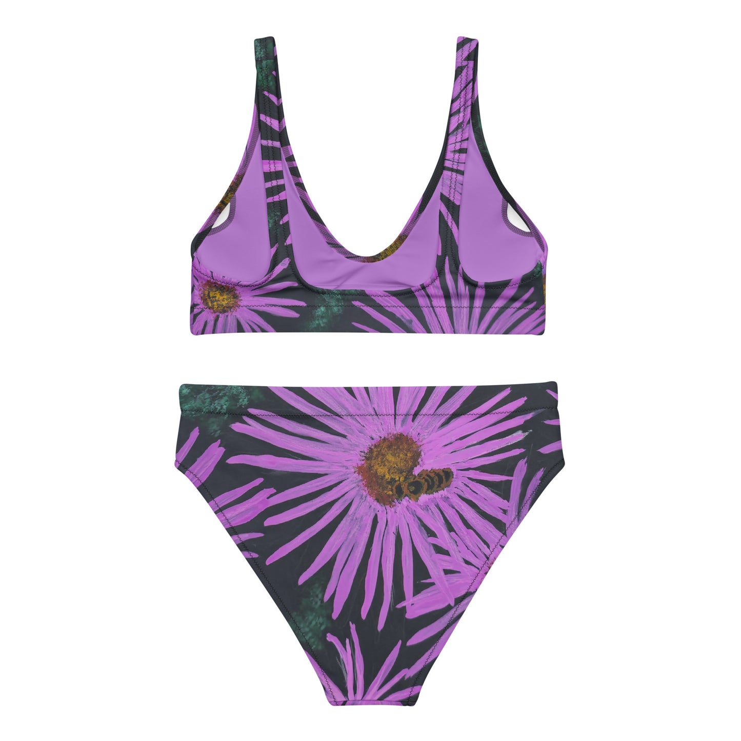 High-waisted Bikini - Purple Aster Flower with Bee - Colorful Floral Artwork Design