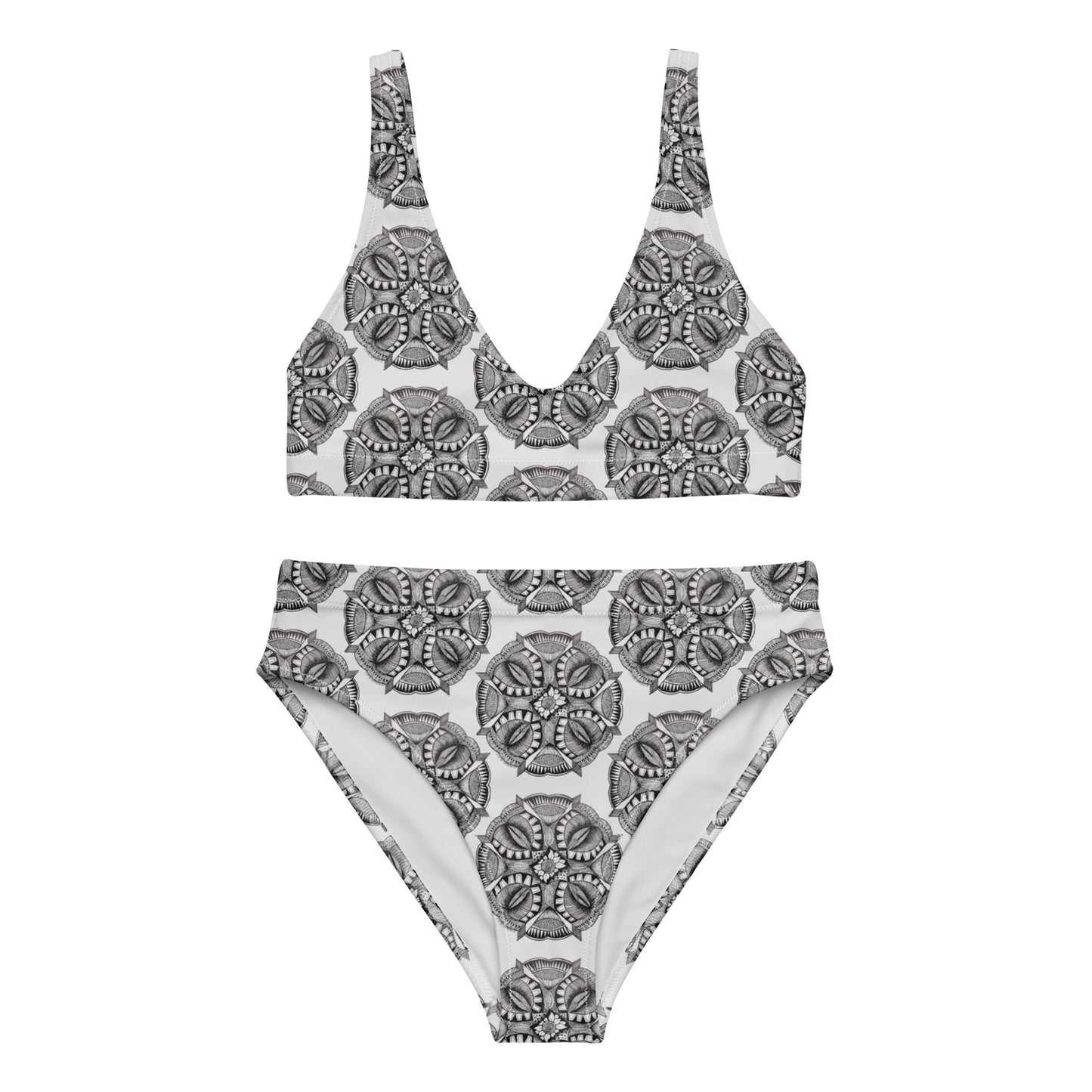 High-Waisted Bikini - Zen-Dala - Monochrome Mandala Abstract Artwork Design