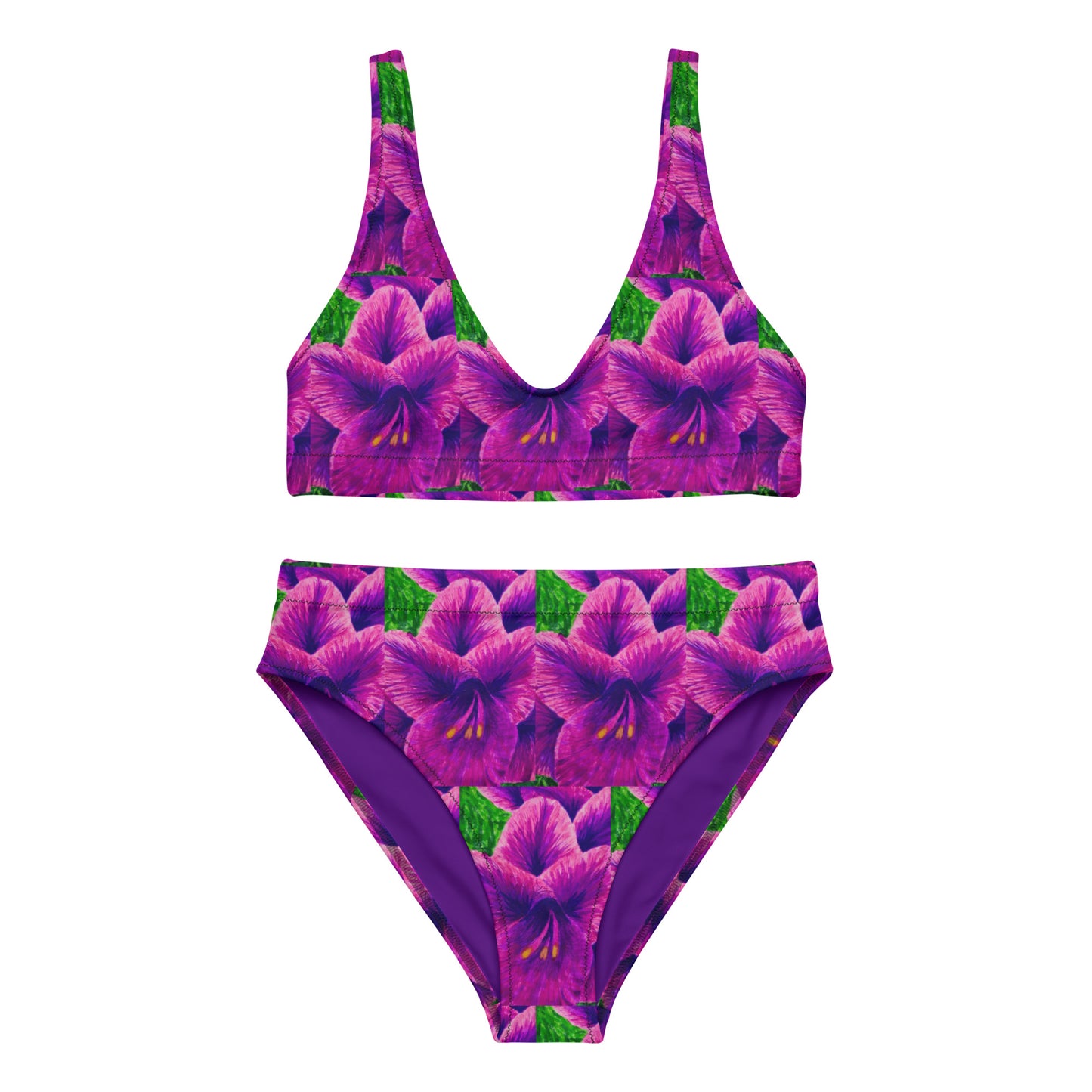 High-waisted Bikini - Royal Reverie - Purple Gladiola, Colorful Floral Artwork Design