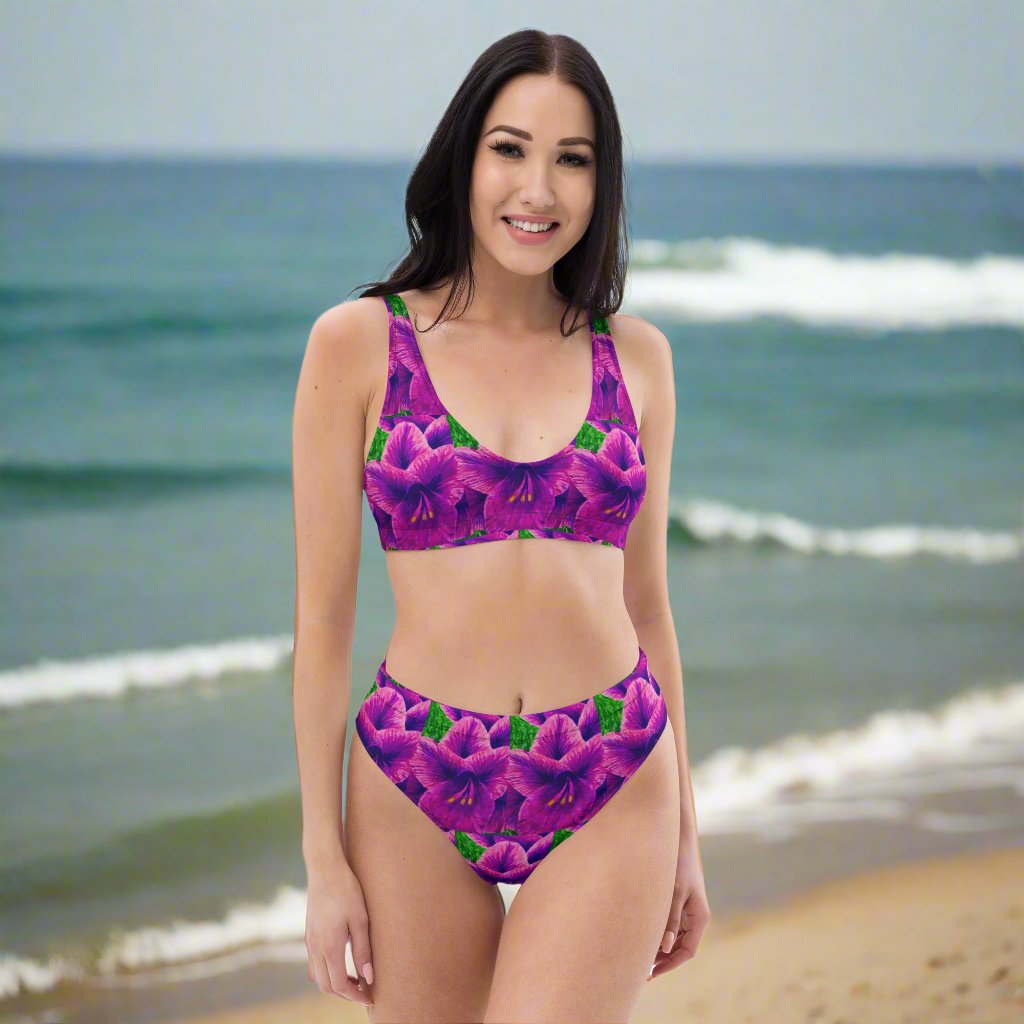 High-waisted Bikini - Royal Reverie - Purple Gladiola, Colorful Floral Artwork Design