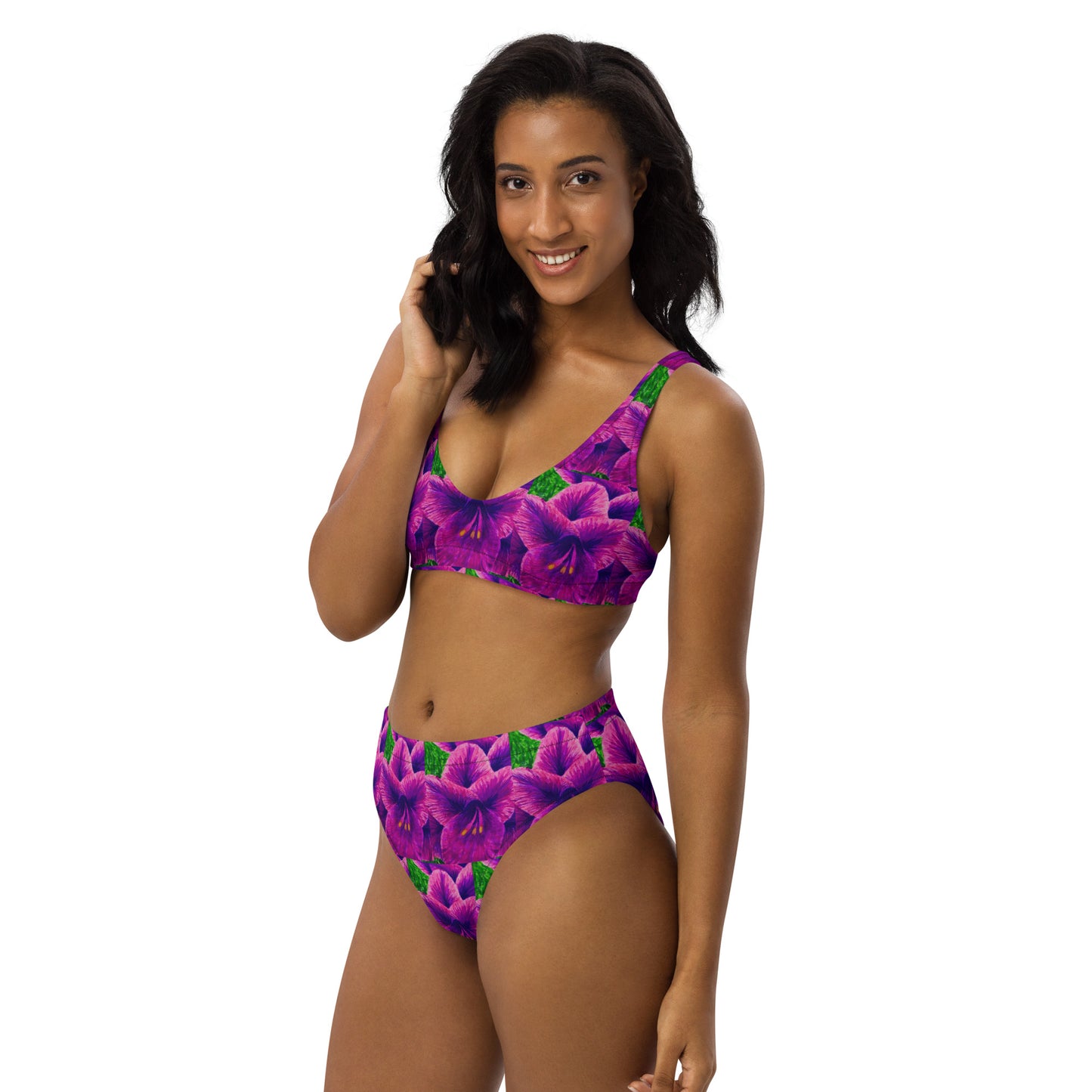 High-waisted Bikini - Royal Reverie - Purple Gladiola, Colorful Floral Artwork Design