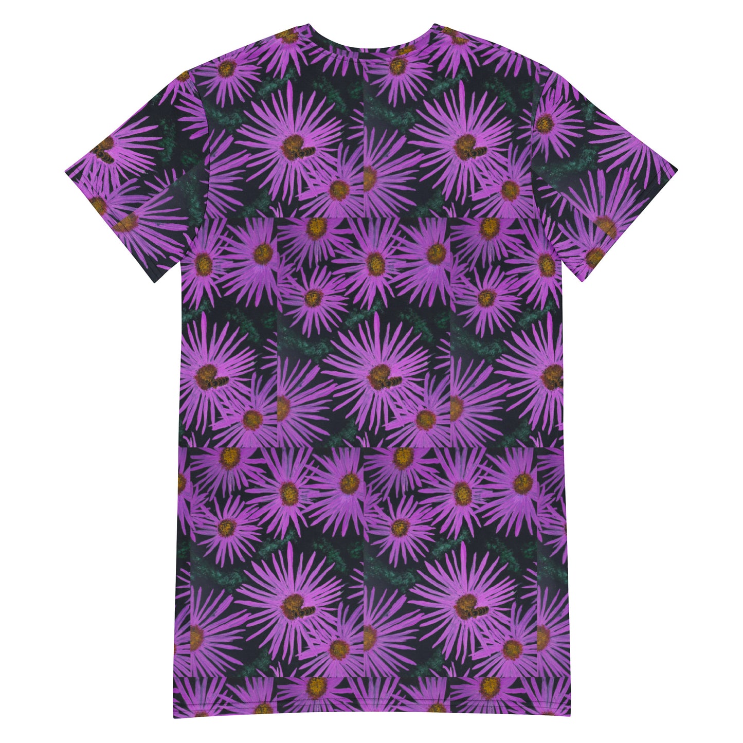 T-shirt Dress - Purple Aster Flowers with Bee - Colorful Floral Artwork Design by Cathy Dement