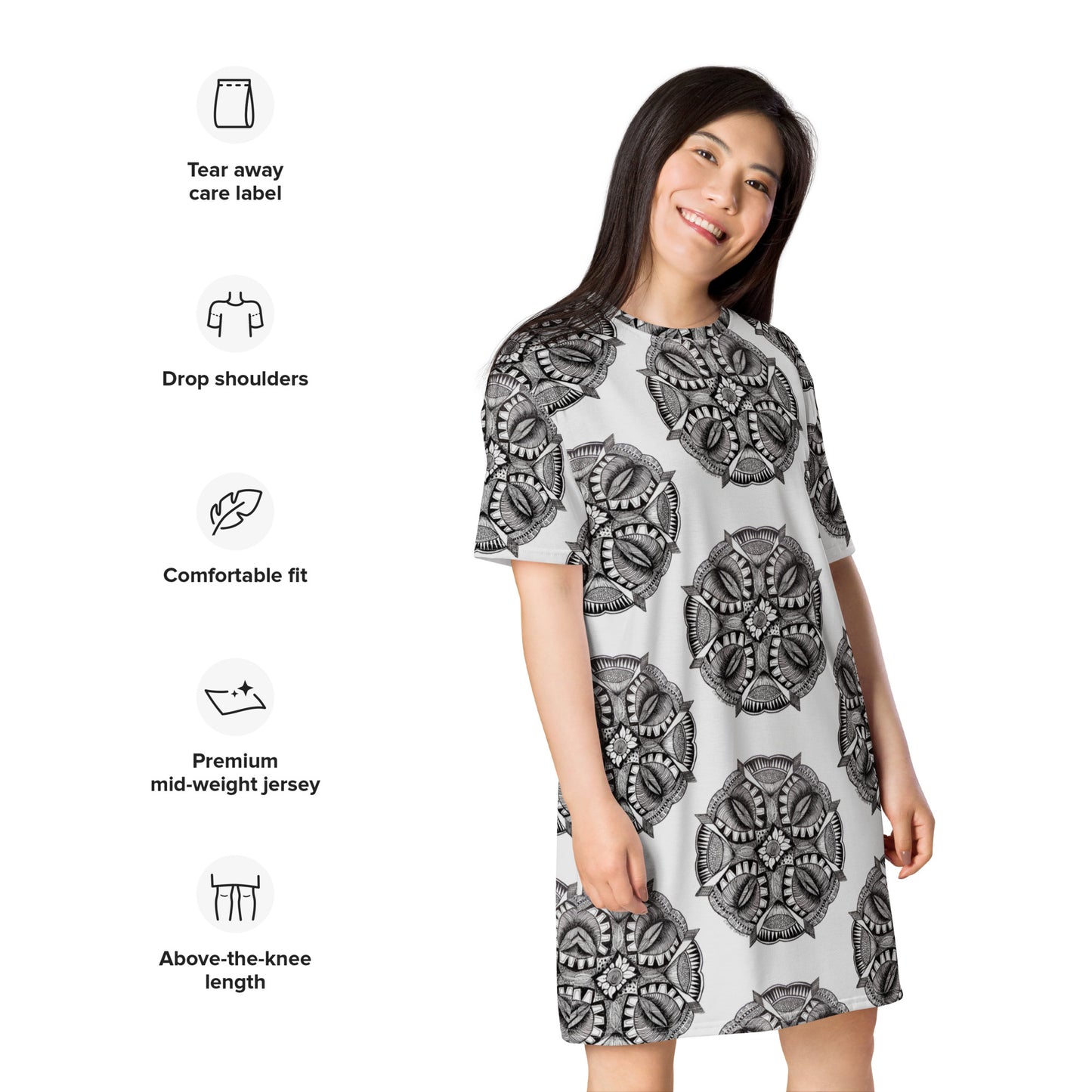 T-shirt Dress - Zen-Dala - Monochrome Zentangle Artwork Design by Cathy Dement