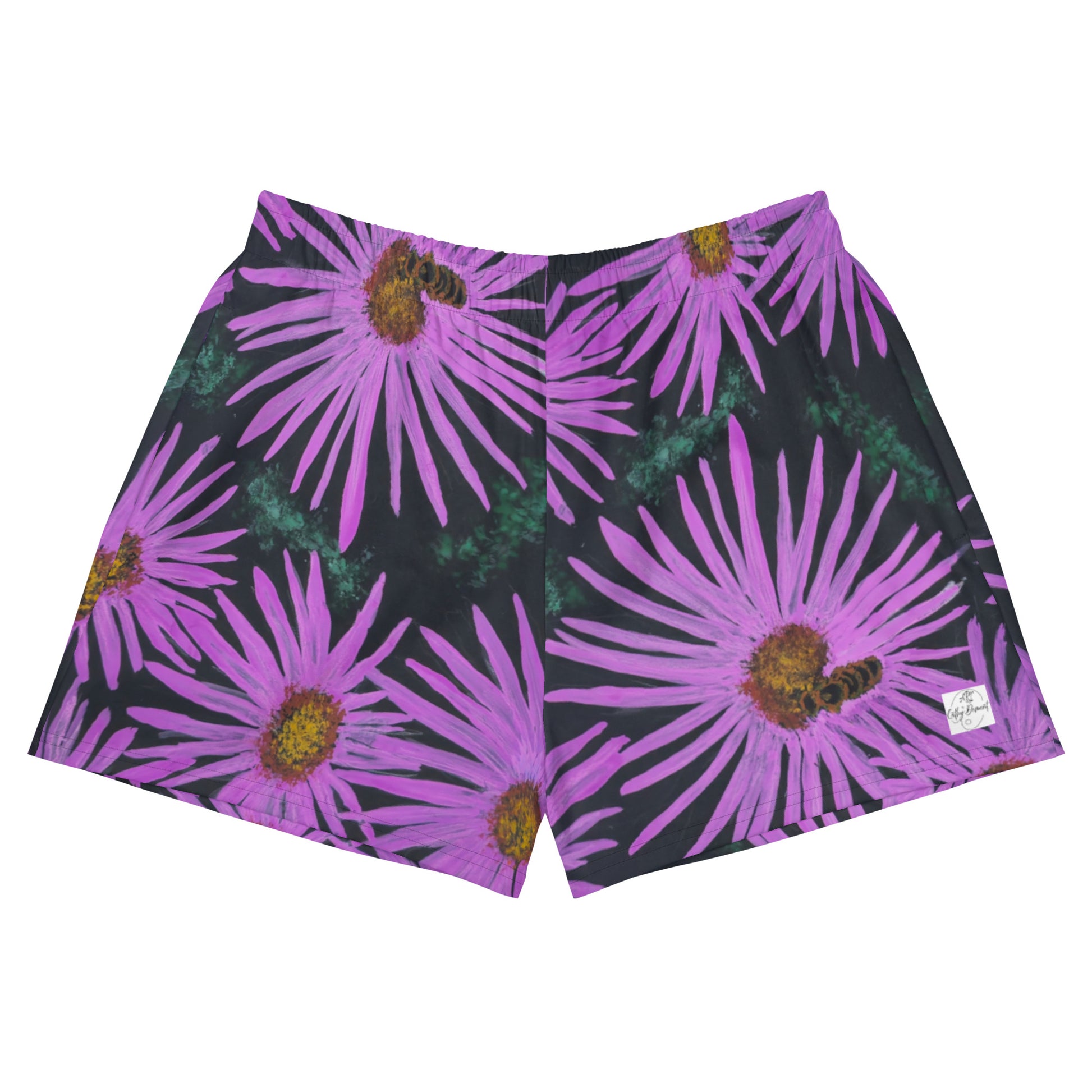 Athletic Shorts - Purple Aster Flower with Bee - Colorful Floral Artwork Design