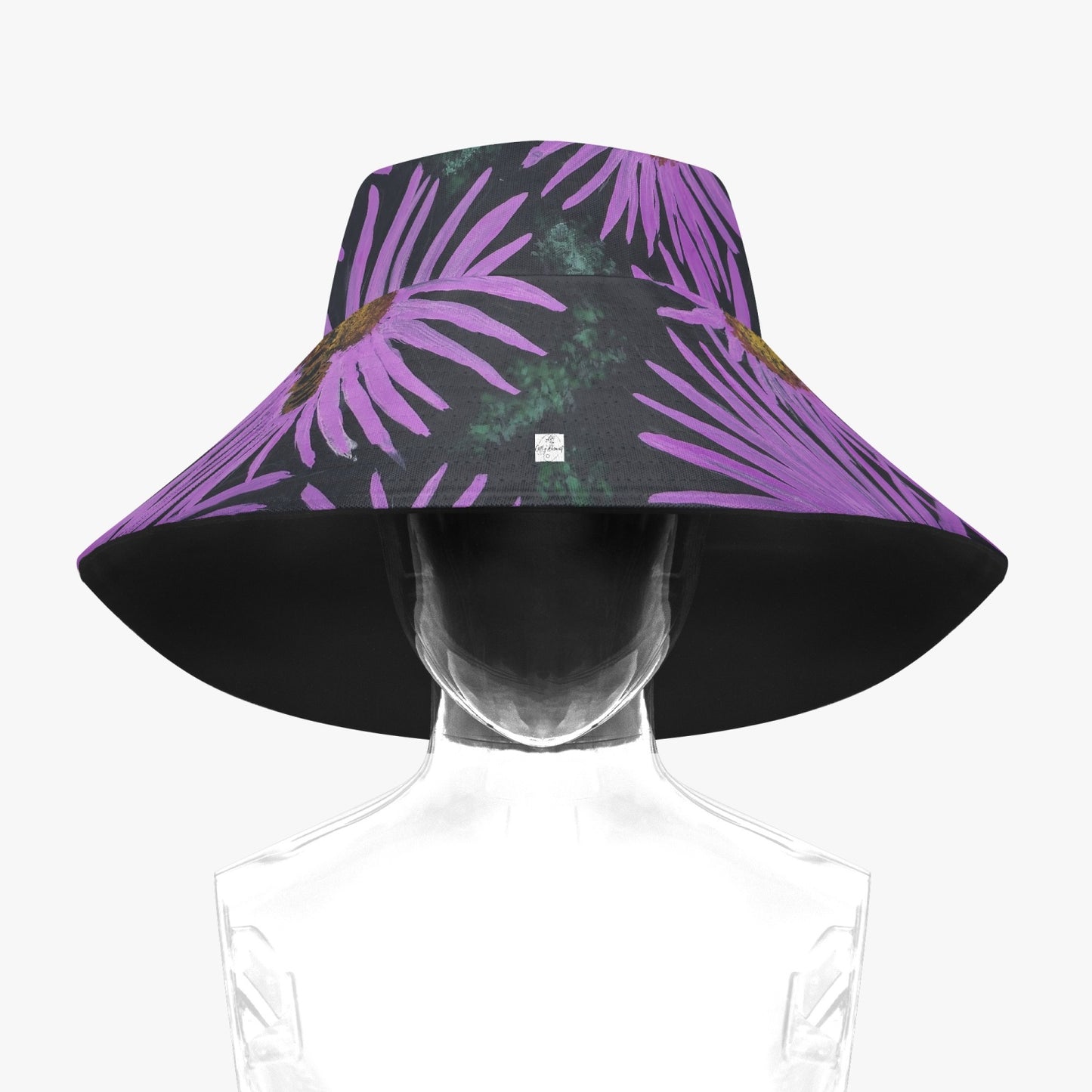 Floppy Beach Hat - Purple Aster Flower with Bee - Colorful Floral Artwork Design