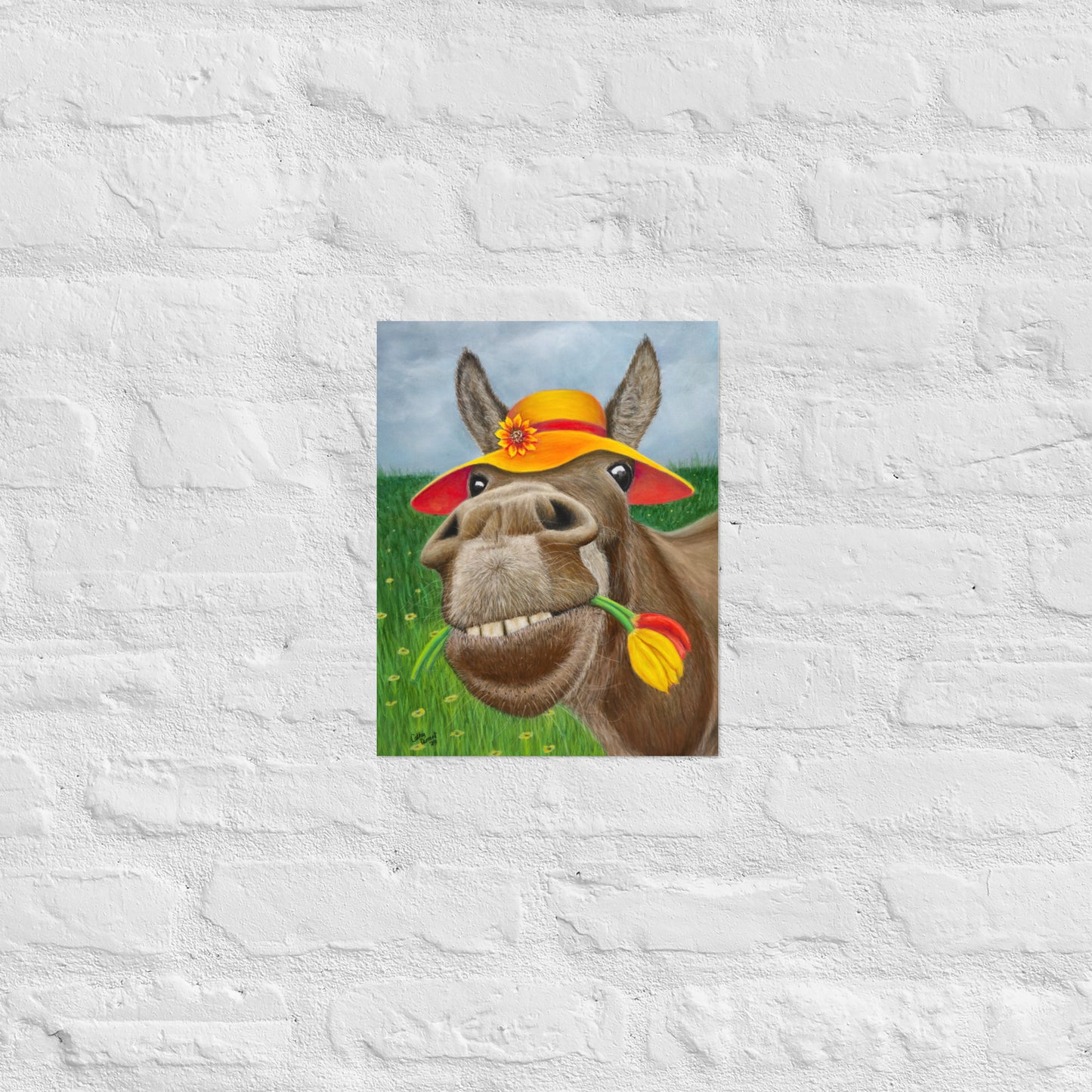Giclée Print - The Tulip Thief: Whimsical Donkey In Floppy Hat Artwork